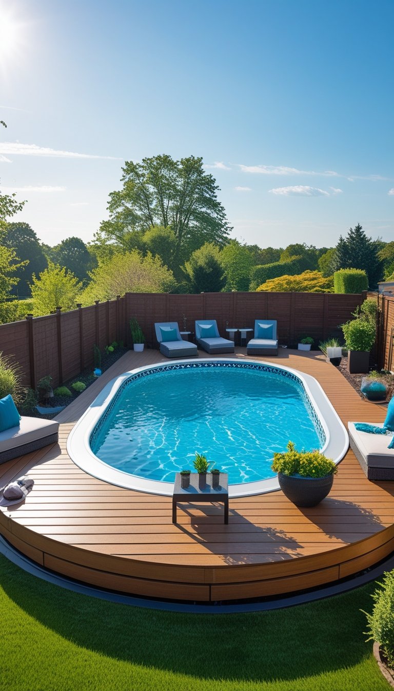 Backyard with an oval above ground pool surrounded by a wooden deck, outdoor furniture, and greenery under a clear sky.