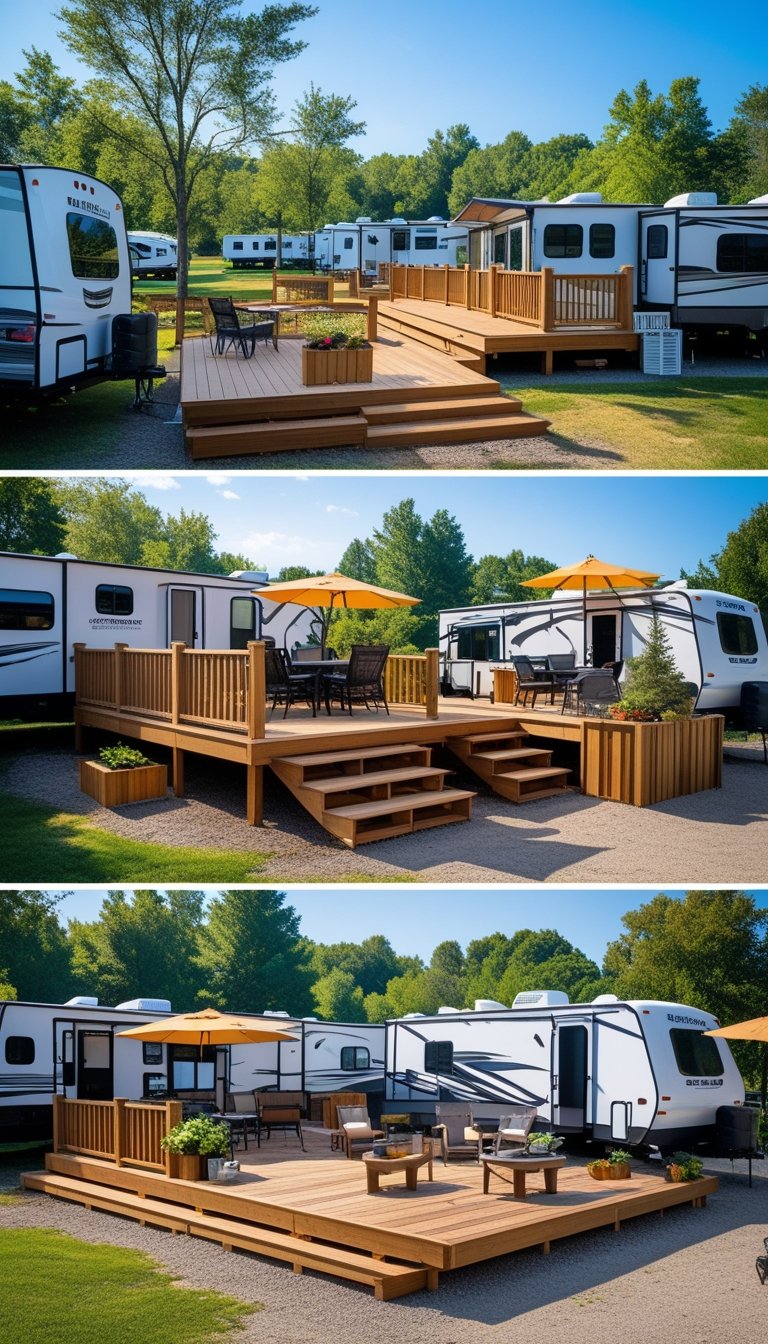 Multiple RVs parked at a campsite with various wooden decks featuring outdoor furniture and natural surroundings.