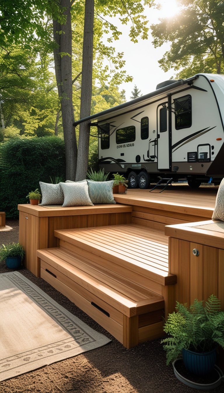 Raised wooden deck with built-in storage benches surrounded by trees at an RV campsite.