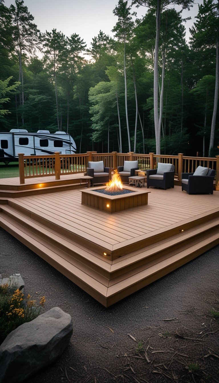 A multi-level wooden deck with a built-in fire pit and outdoor seating, surrounded by trees near an RV campsite.