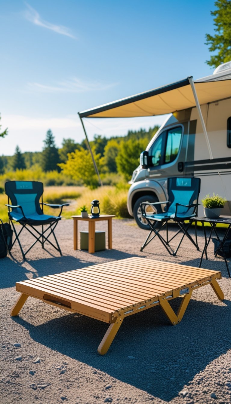 A portable folding wooden deck set up beside an RV at a campsite with camping chairs and trees in the background.