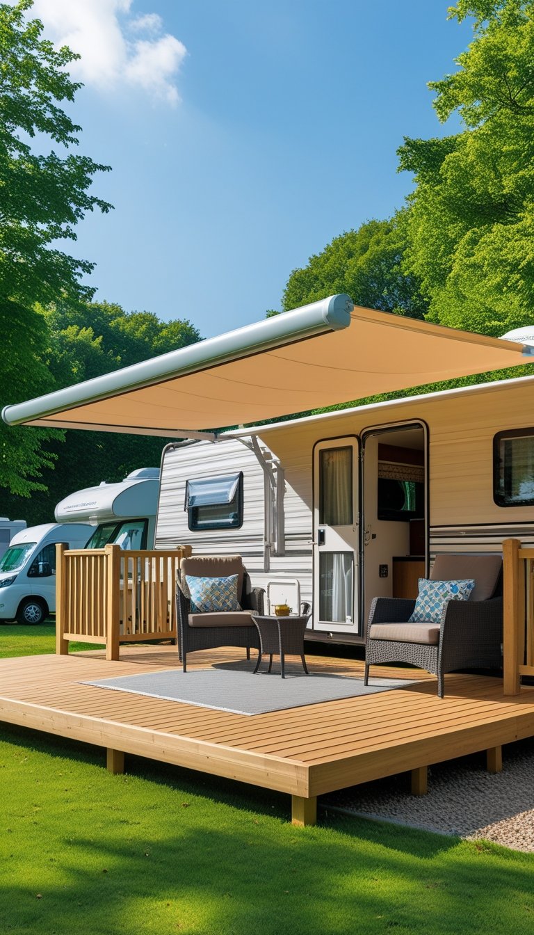 An RV campsite deck with a retractable awning providing shade over outdoor furniture, surrounded by trees and an RV nearby.