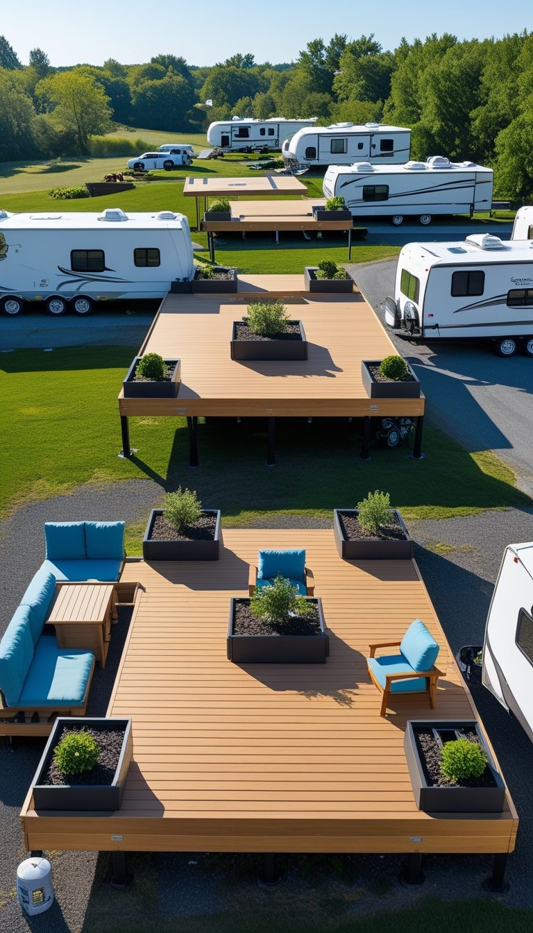 Modular wooden deck panels arranged in different layouts next to parked RVs at a campsite with outdoor furniture and trees in the background.
