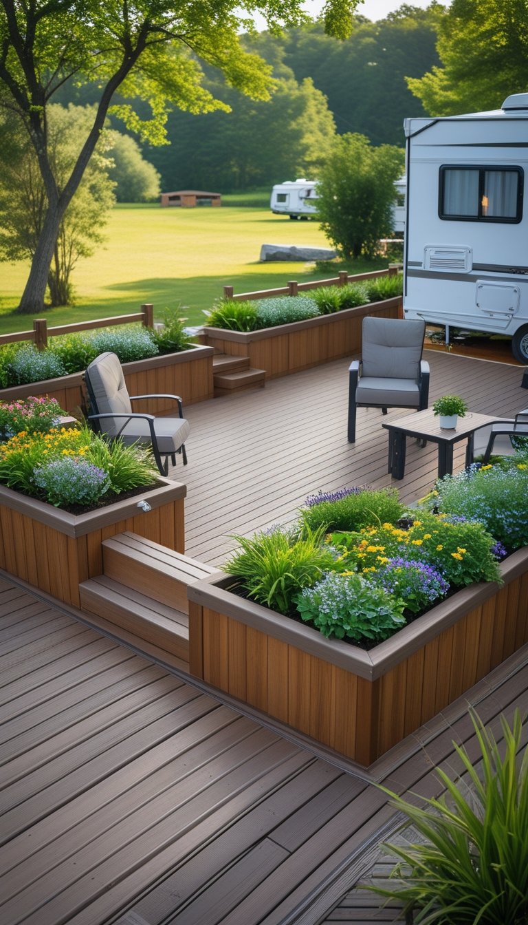 Wooden deck at an RV campsite with planter boxes filled with green plants, outdoor seating, and an RV in the background.