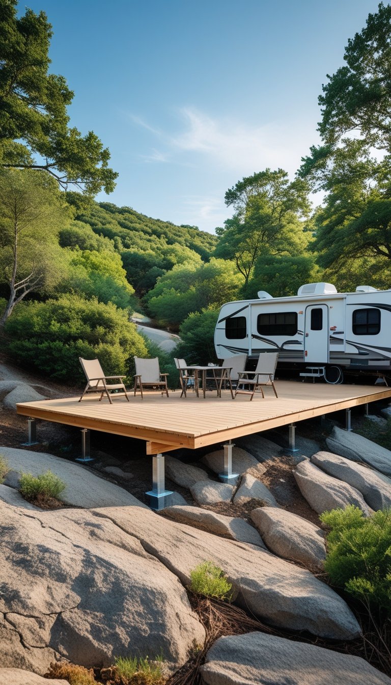 A wooden floating deck elevated over rocky uneven ground with an RV parked nearby and outdoor furniture on the deck surrounded by trees.