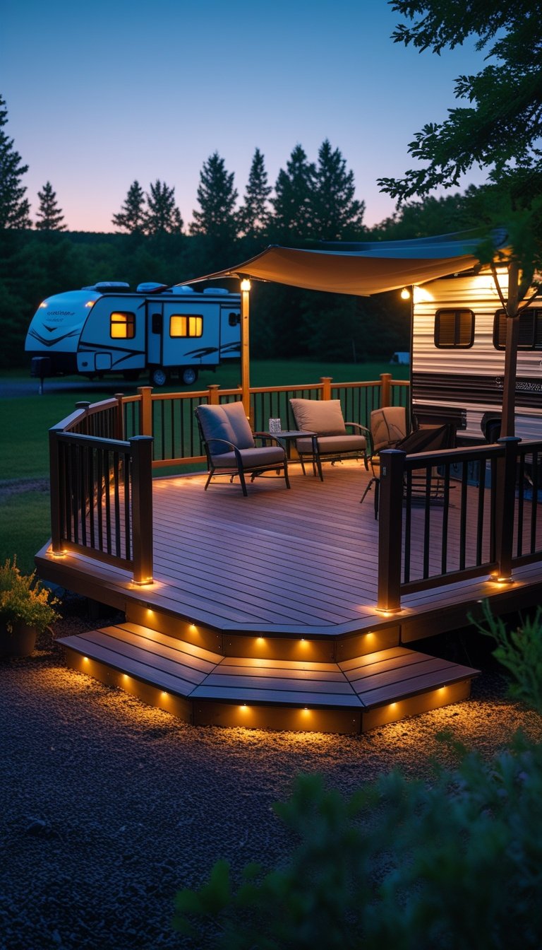 An RV campsite deck at dusk with built-in LED lighting and outdoor seating surrounded by trees and an RV nearby.