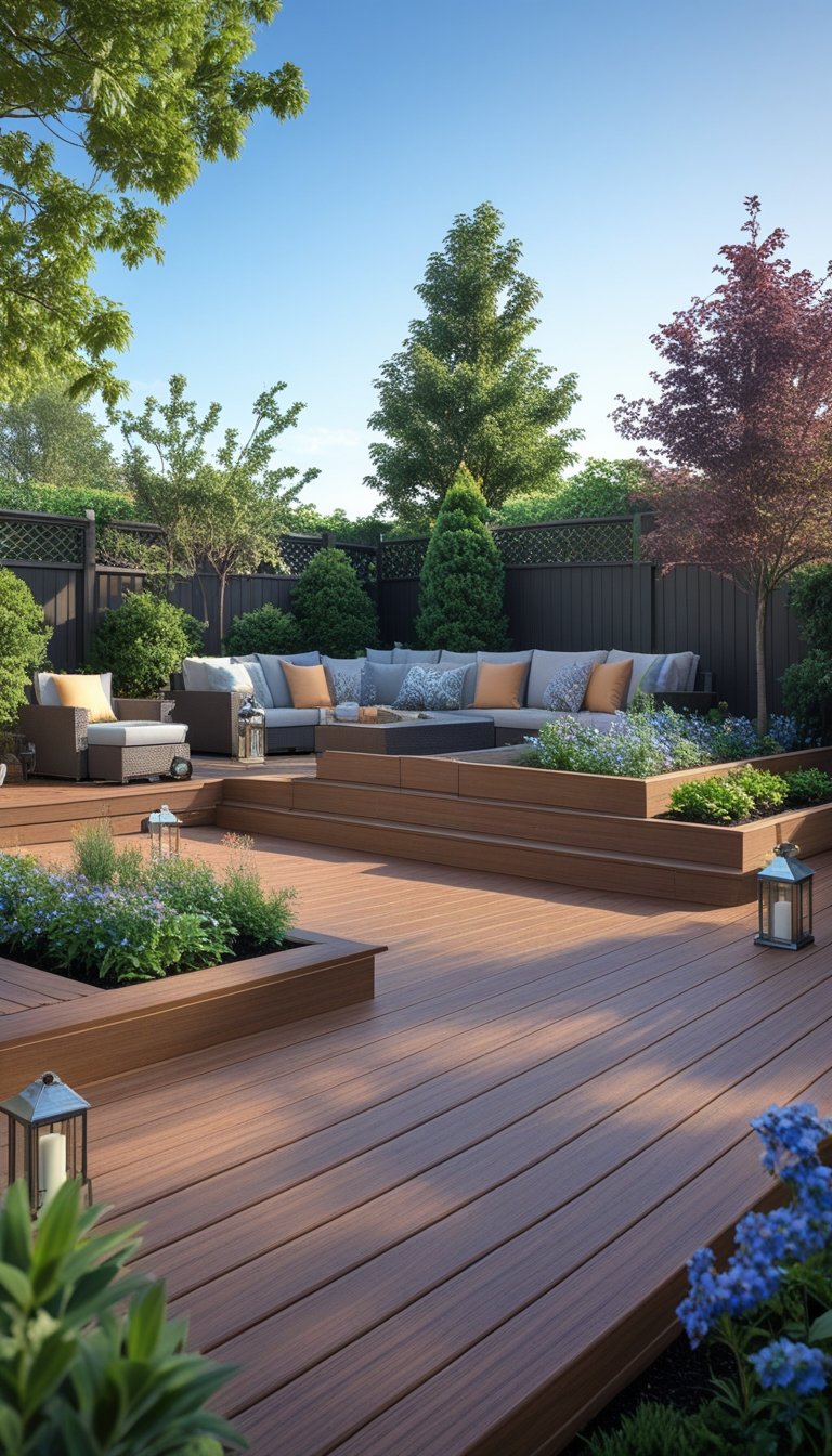 A backyard with a large Trex deck featuring seating, dining areas, plants, and trees under a clear sky.