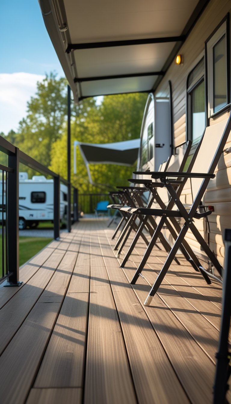 Wooden deck at an RV campsite with folding chairs mounted along the railing, surrounded by trees and parked RVs.