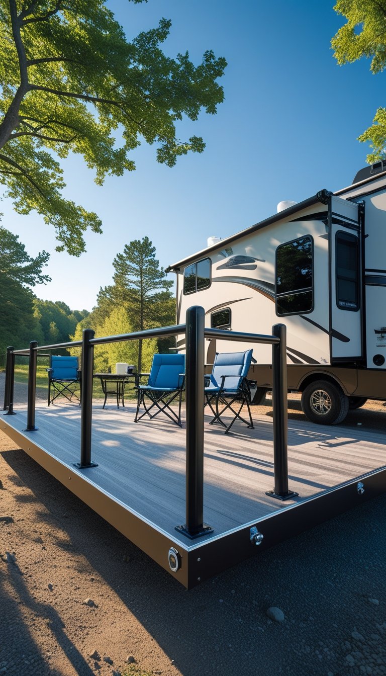 A deck attached to a toy hauler RV with grab rails, set in a green campsite with outdoor furniture.