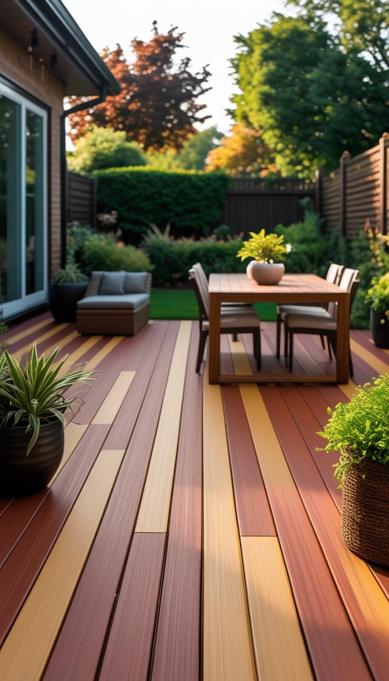 Backyard deck made of two-tone reddish-brown and golden wood with outdoor furniture and green plants.