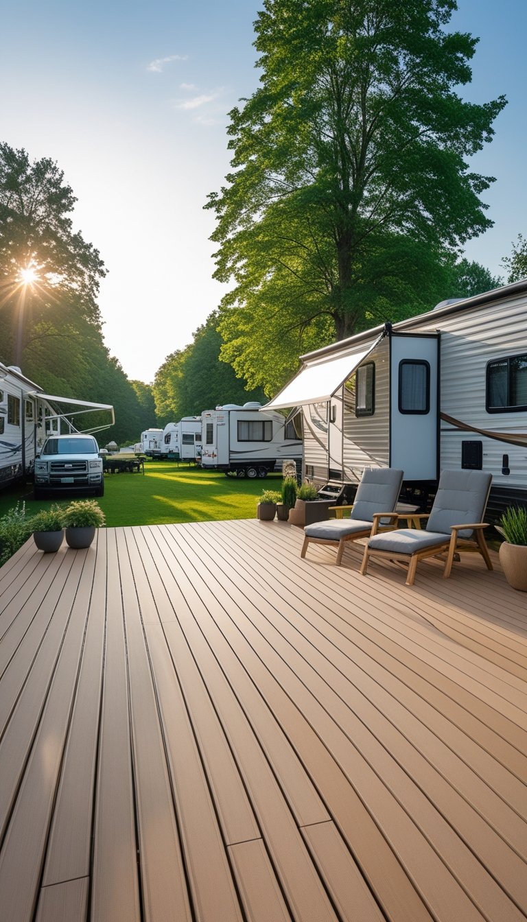 Outdoor deck at an RV campsite with composite decking boards, surrounded by trees and parked RVs, featuring outdoor furniture and plants.