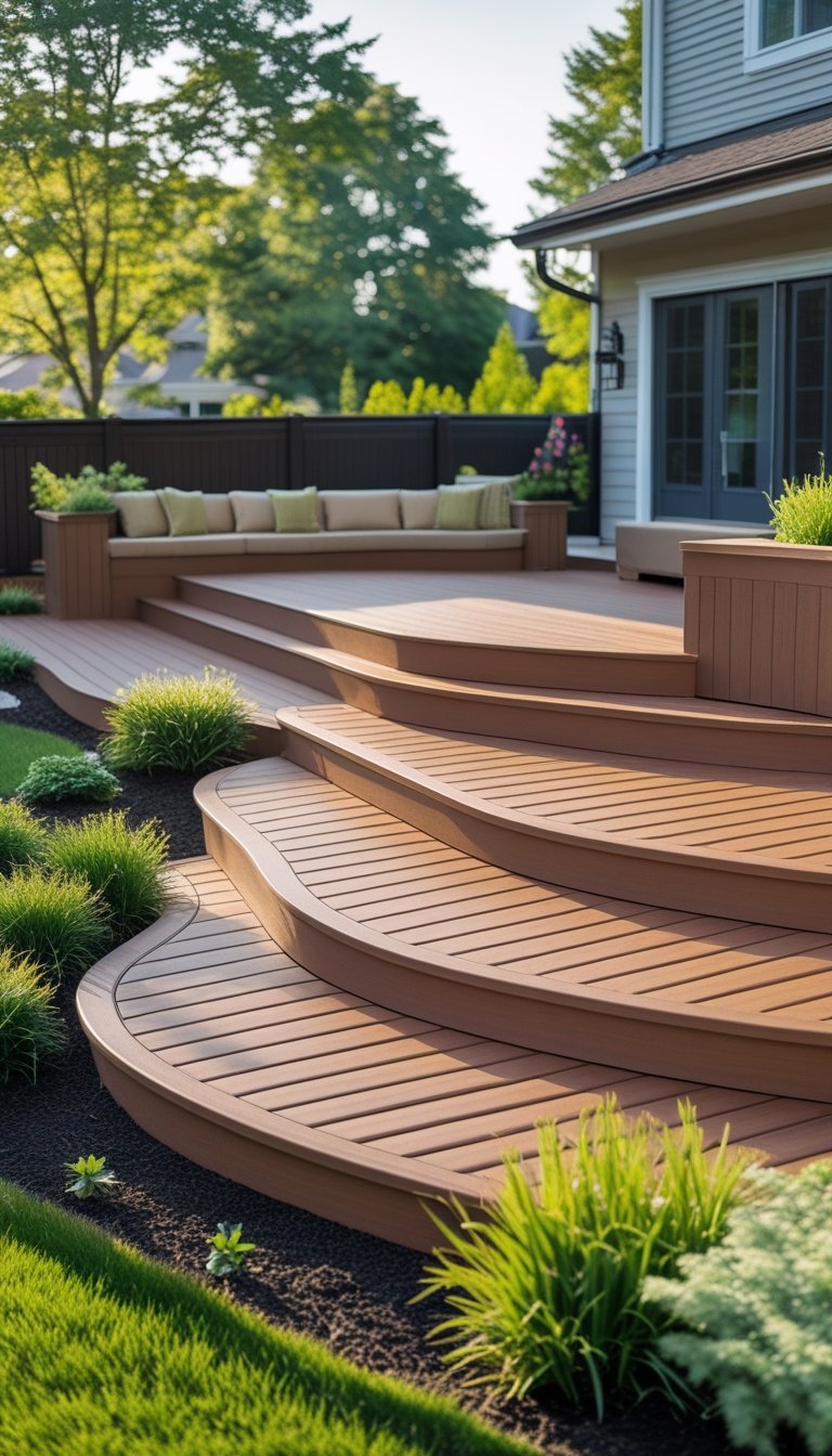 A multi-level backyard deck with built-in seating surrounded by green plants and grass.
