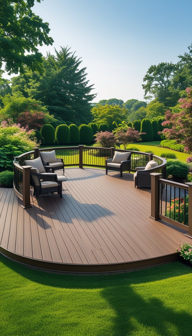 Curved wooden deck overlooking a green garden with flowers and trees.