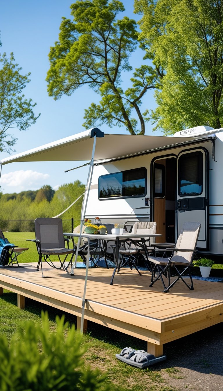 Outdoor wooden deck at an RV campsite with a fold-out dining table and chairs surrounded by trees.