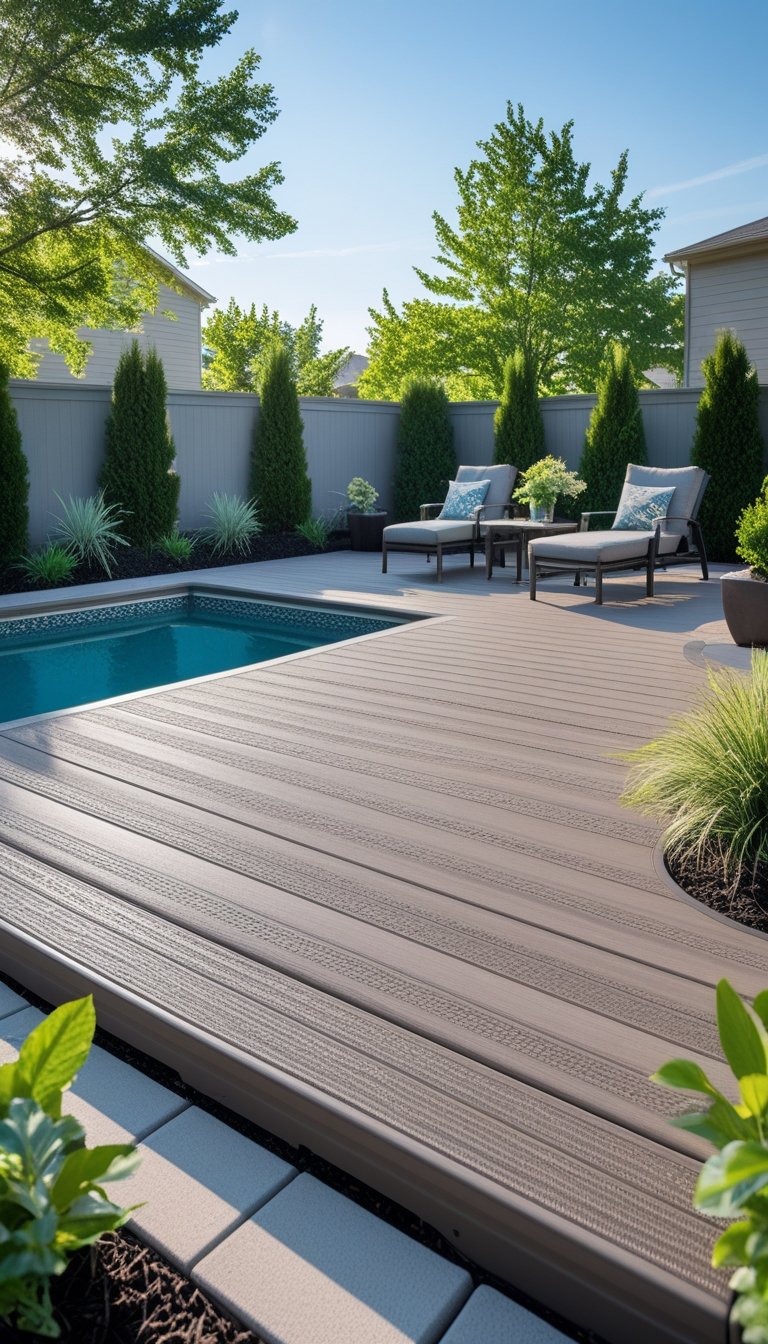Backyard with a Trex deck featuring a slip-resistant surface next to a clear swimming pool, surrounded by outdoor furniture and greenery.