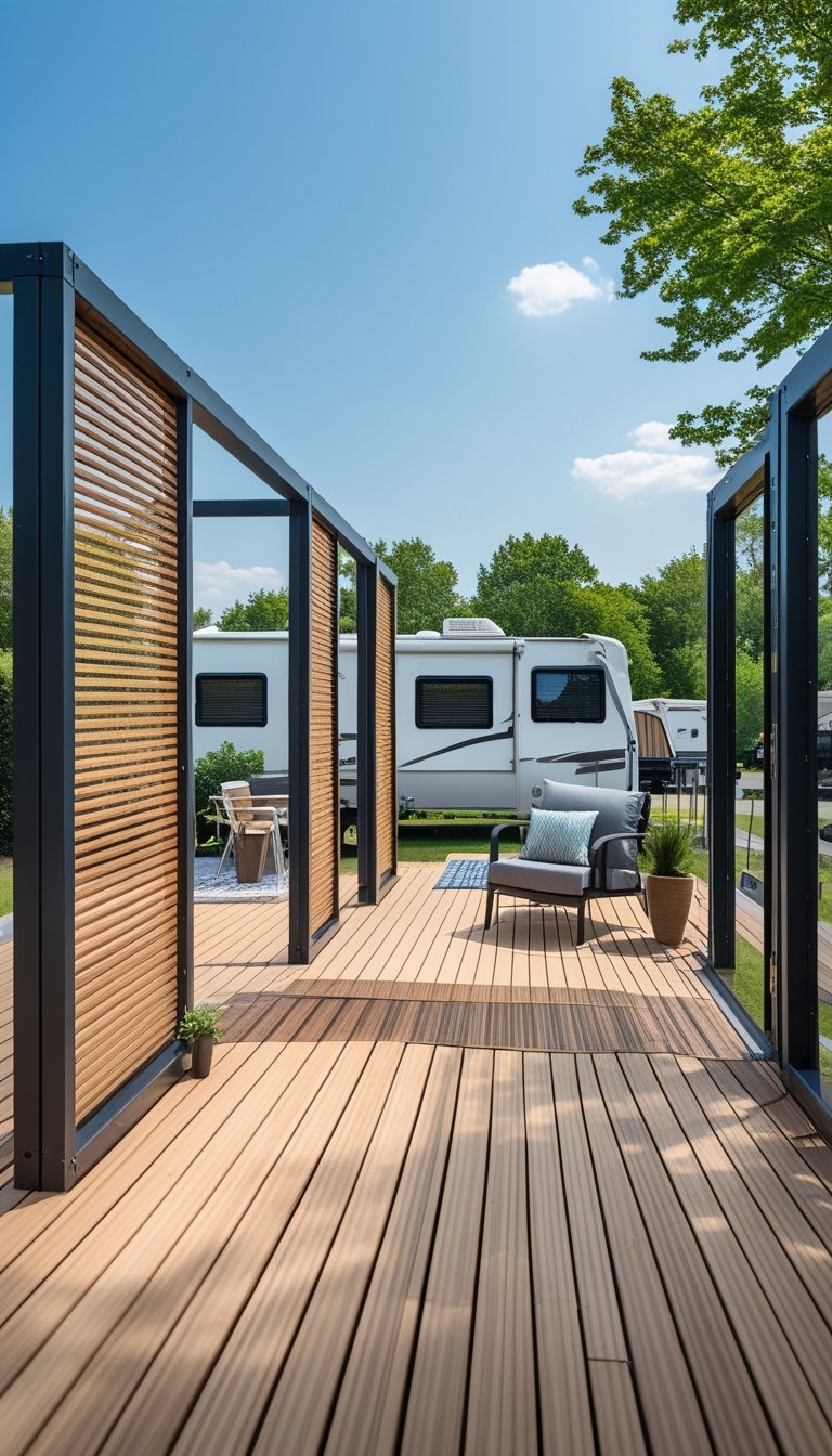 Outdoor wooden deck with privacy screens, outdoor furniture, an RV parked nearby, and trees in the background.