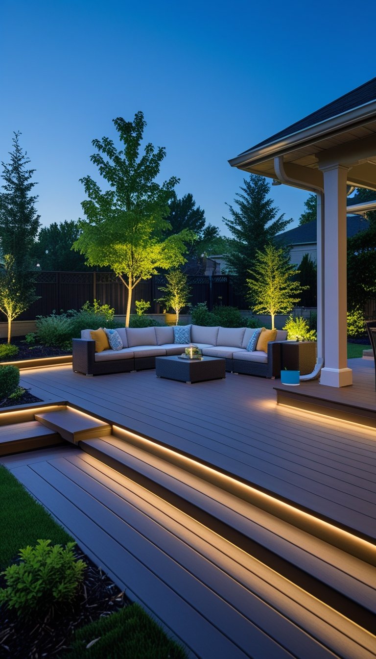A backyard with a spacious Trex deck featuring integrated LED lighting, outdoor furniture, and surrounding greenery at dusk.
