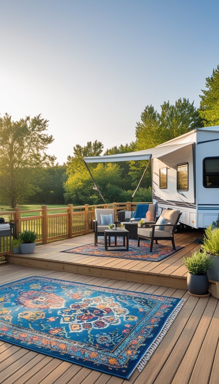 An inviting RV campsite deck with outdoor furniture and a colorful rug surrounded by trees.