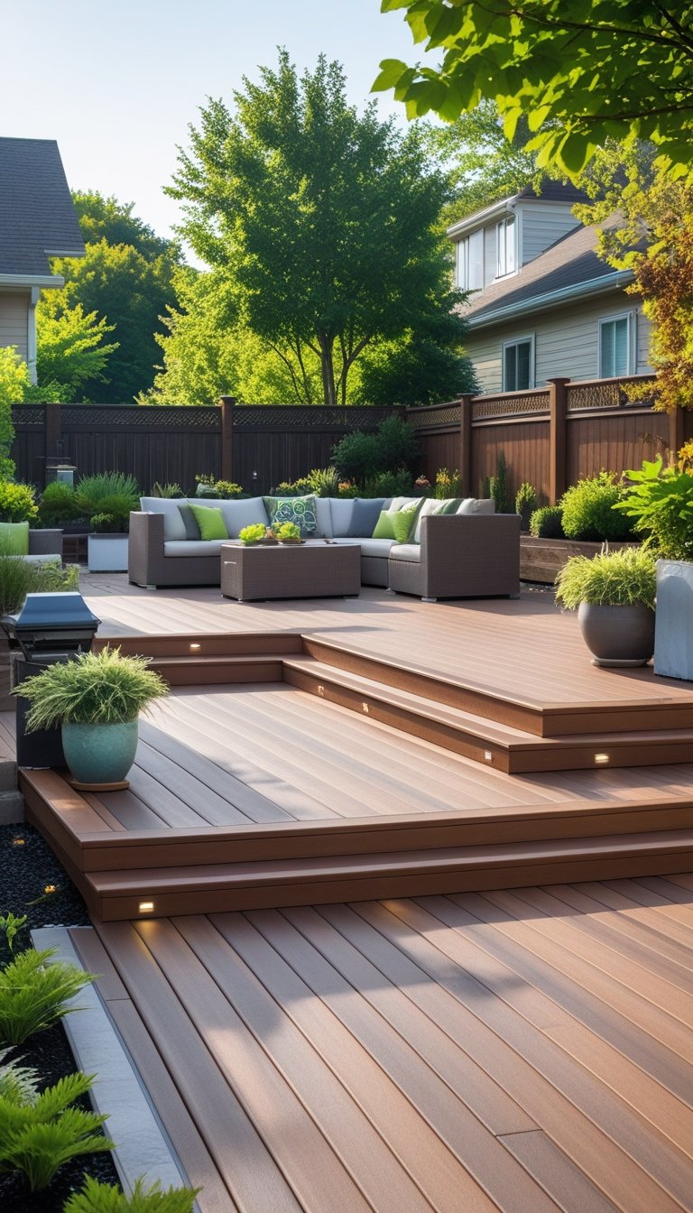 A backyard with a spacious Trex composite deck featuring outdoor furniture, plants, and greenery under a sunny sky.