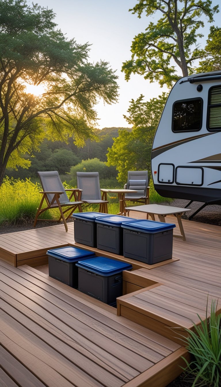 Wooden deck next to an RV with built-in weatherproof storage compartments surrounded by trees and outdoor furniture.