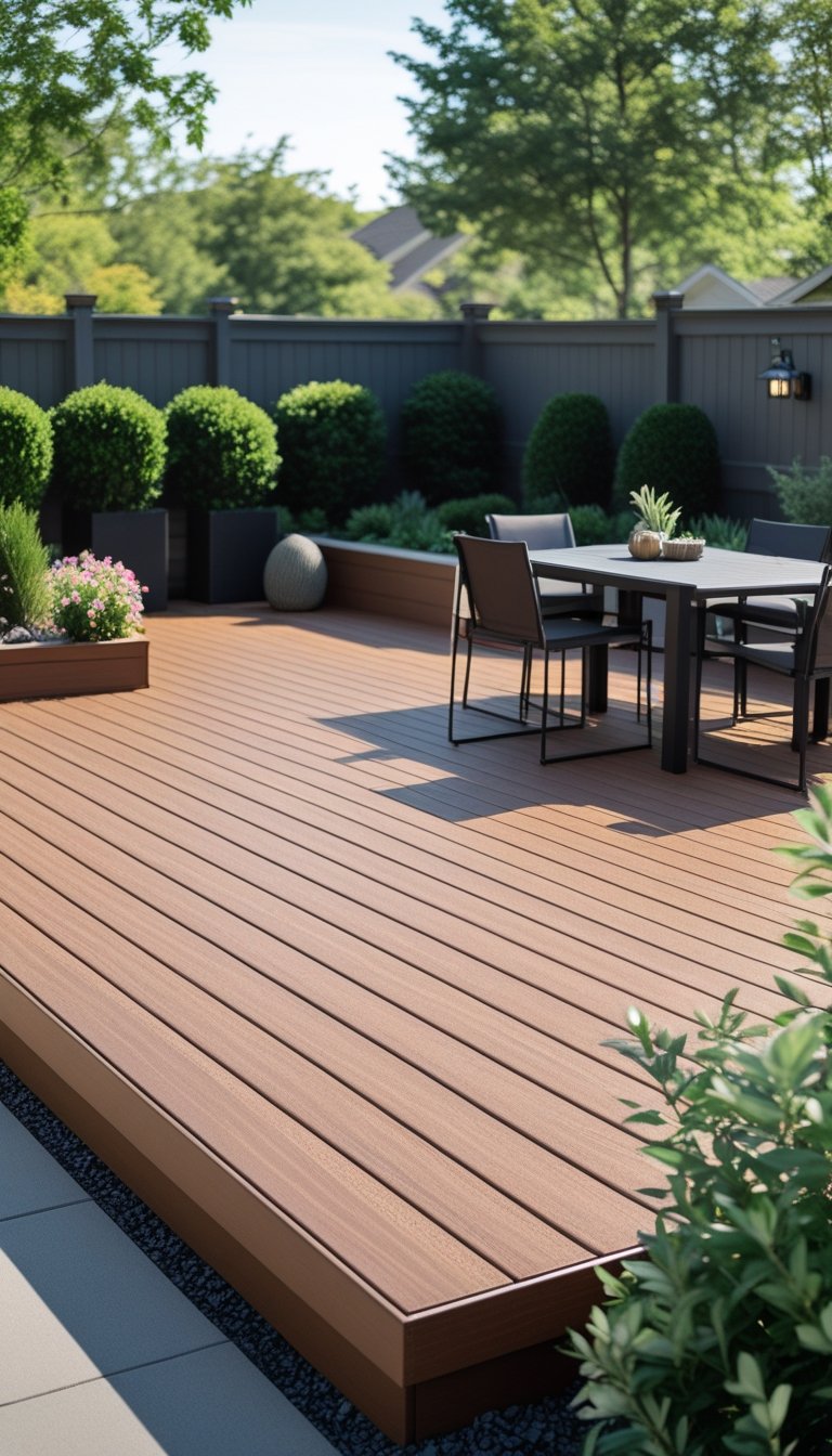 A backyard deck made of composite wood with no visible fasteners, surrounded by green plants and outdoor furniture.