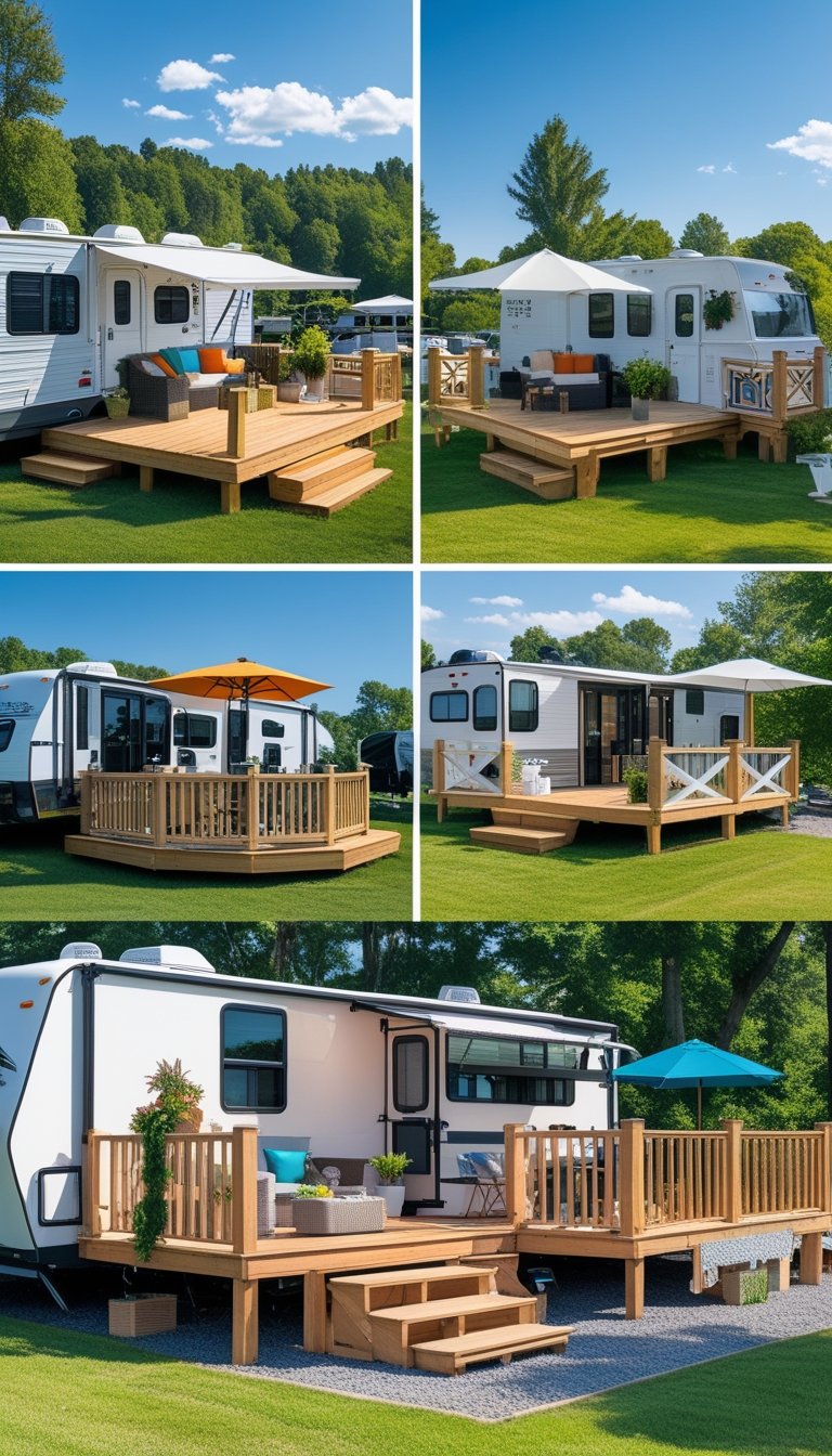 Multiple RVs parked at a campground with various wooden decks featuring outdoor furniture, plants, and decorations surrounded by trees and greenery.