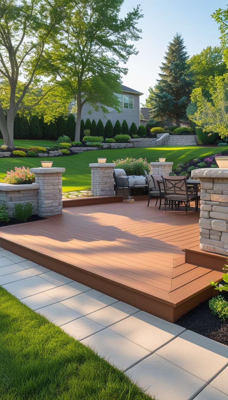 Backyard with a spacious Trex deck combined with natural stone accents surrounded by greenery and outdoor furniture.