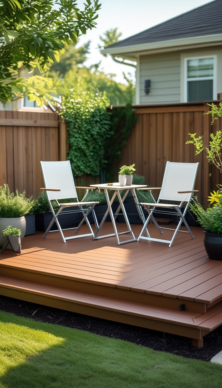 Small backyard deck made of Trex material with foldable table and chairs surrounded by plants and greenery.