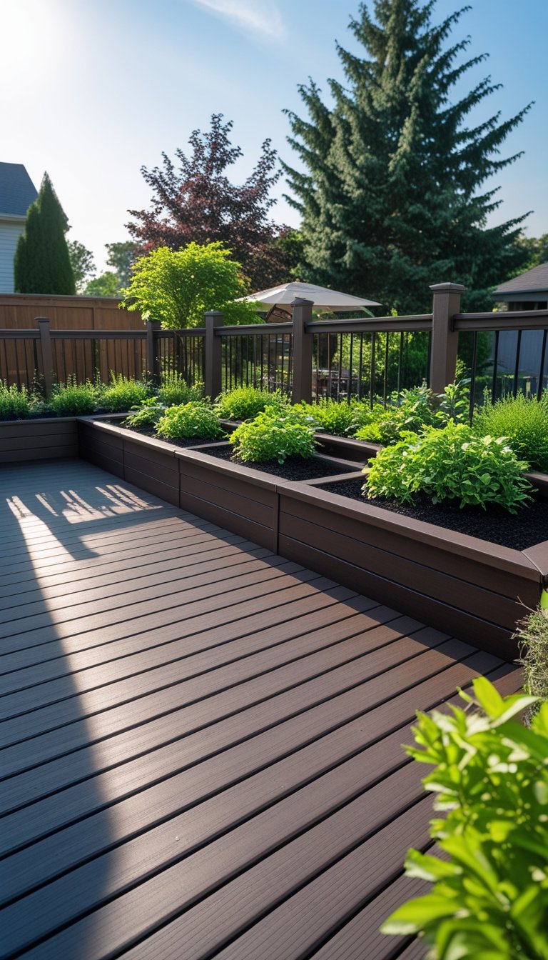 Backyard Trex deck with built-in planter boxes filled with green plants and a garden in the background.