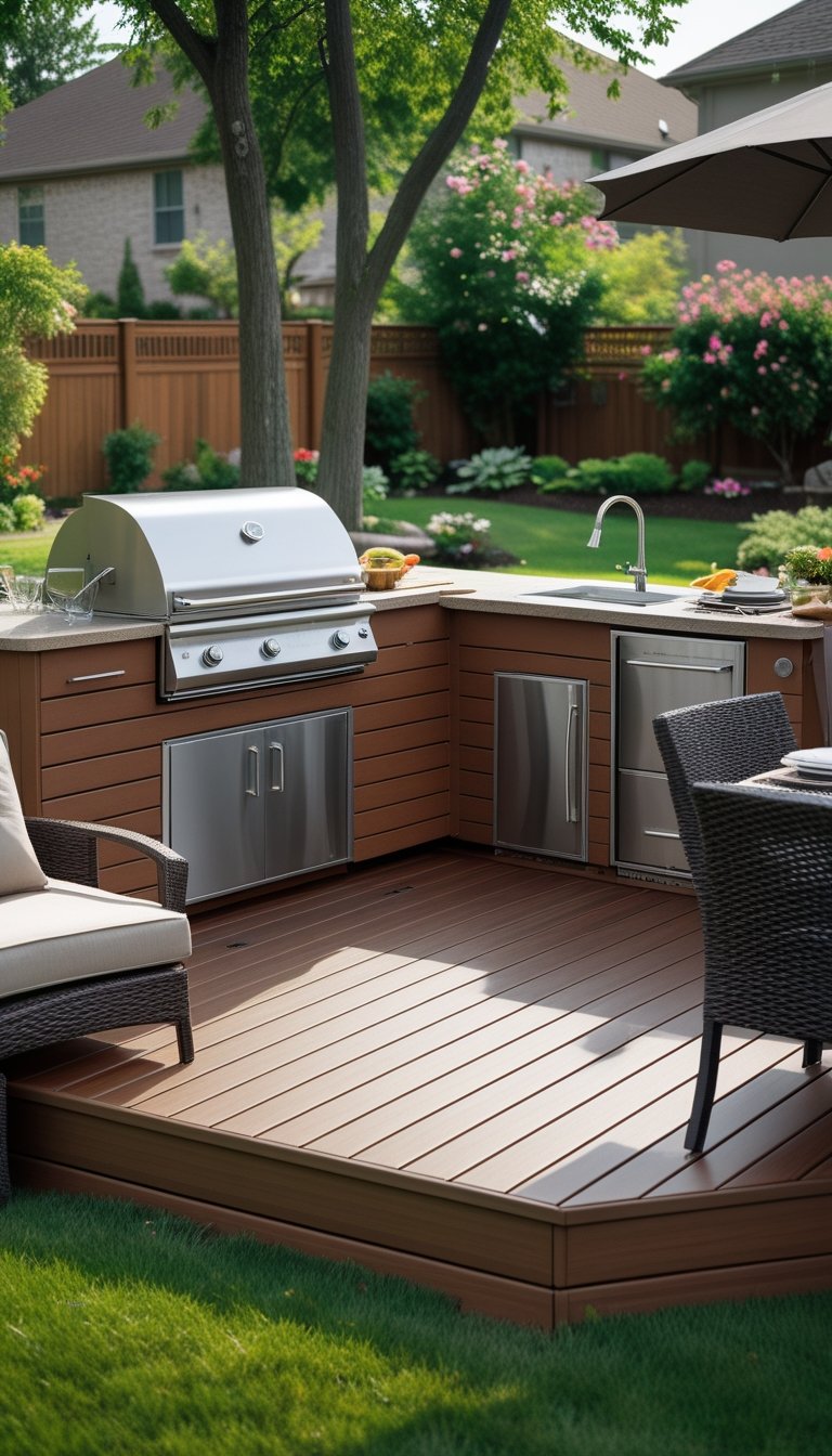 Outdoor kitchen with grill and seating on a wooden deck surrounded by green backyard plants and trees.