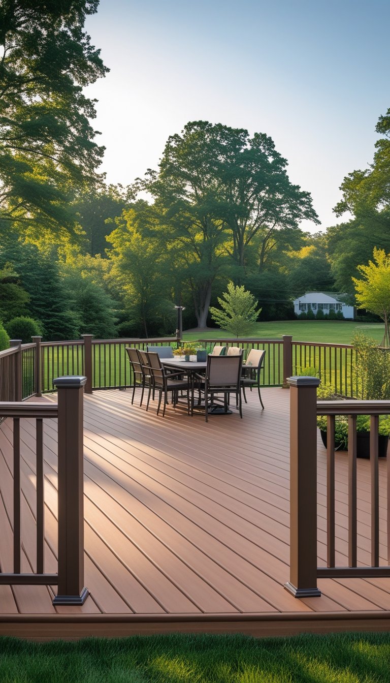 A backyard with a large Trex deck featuring wrap-around railings, outdoor furniture, and green lawn with trees in the background.