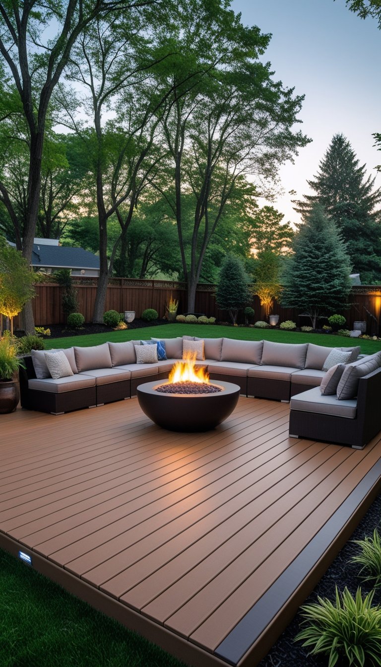 A large backyard deck with a fire pit surrounded by outdoor seating and greenery.