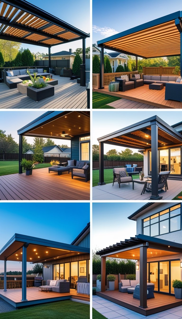 Twelve different outdoor deck designs, each partially covered with various roofing styles and furnished with outdoor furniture and plants.