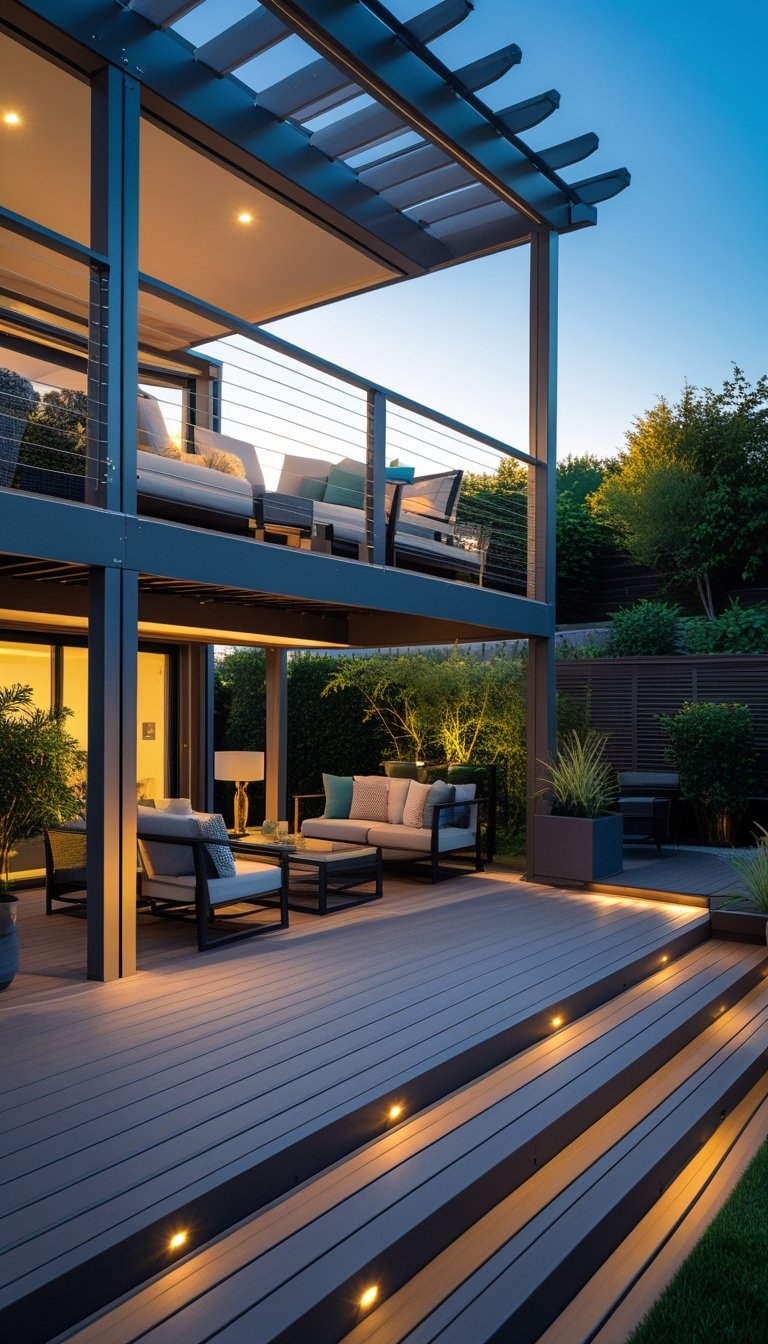 A bi-level outdoor deck with a partially covered lounge area, comfortable seating, and surrounding plants.