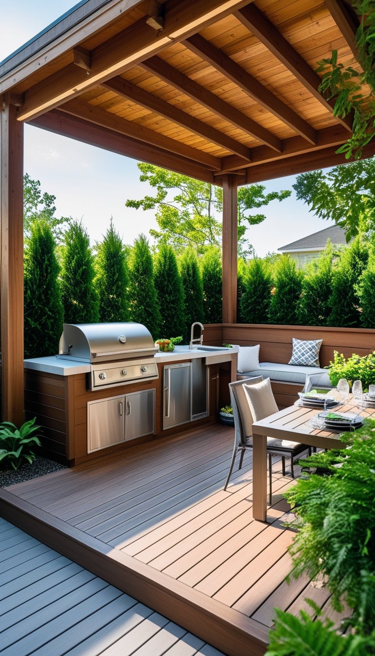 An outdoor kitchen with a grill and countertop integrated into a partially covered wooden deck surrounded by plants and seating.