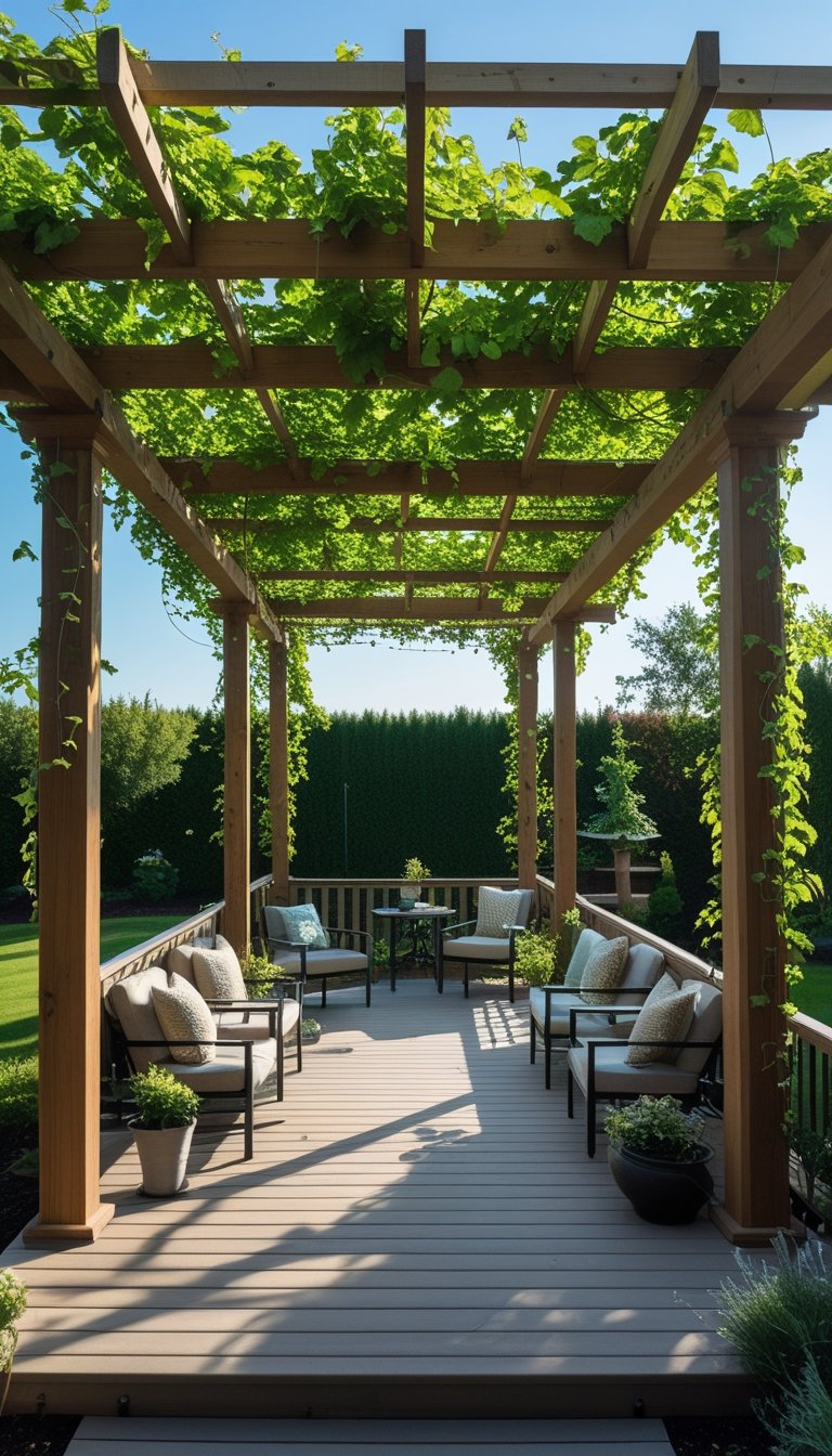 Outdoor wooden pergola covered with climbing vines providing shade over a deck with seating and plants.