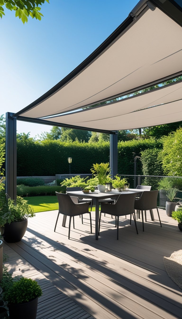 Outdoor dining space on a wooden deck with a partially extended fabric canopy providing shade over the table and chairs.
