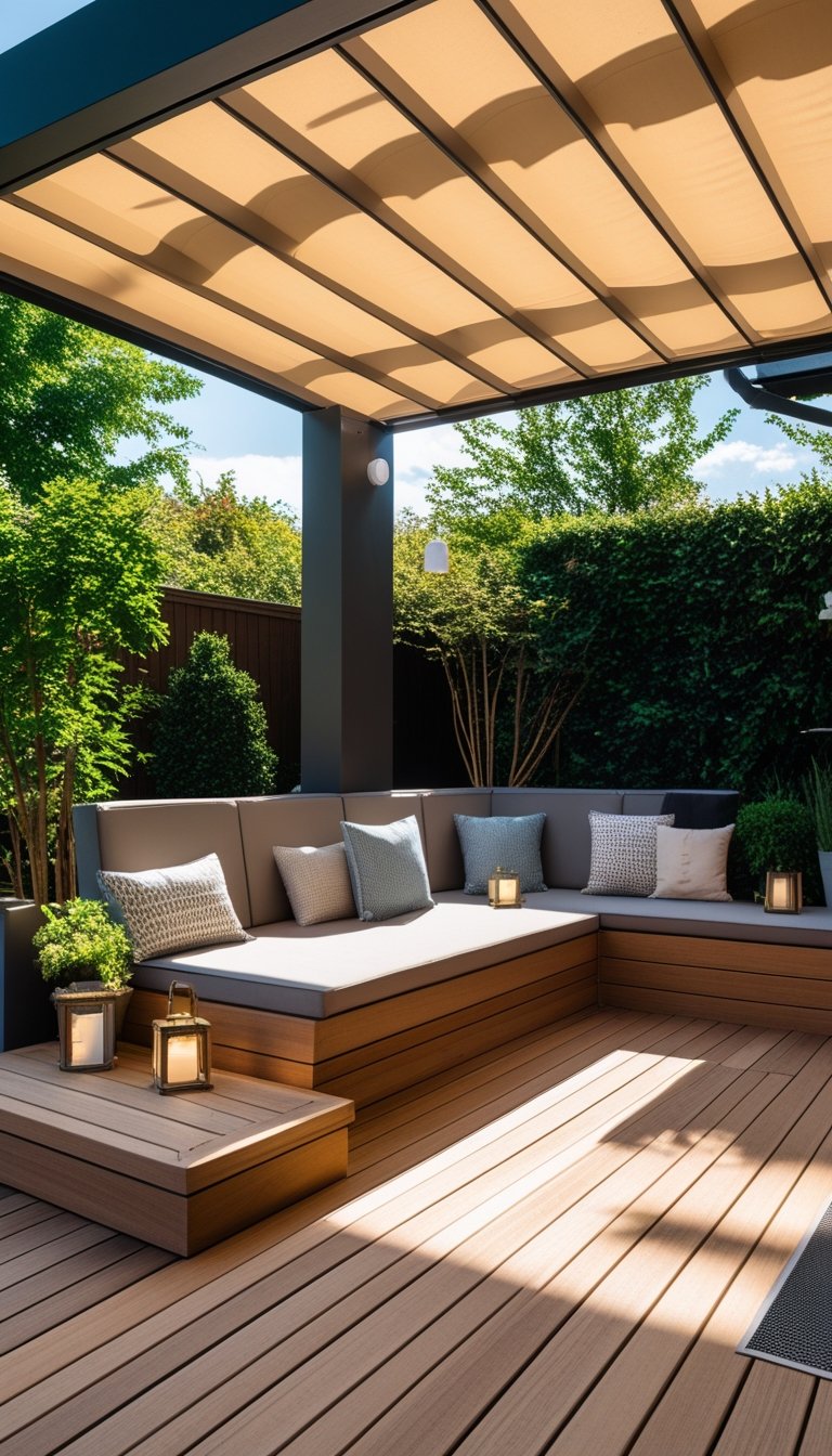 Outdoor wooden deck with built-in seating under a shaded pergola surrounded by plants.