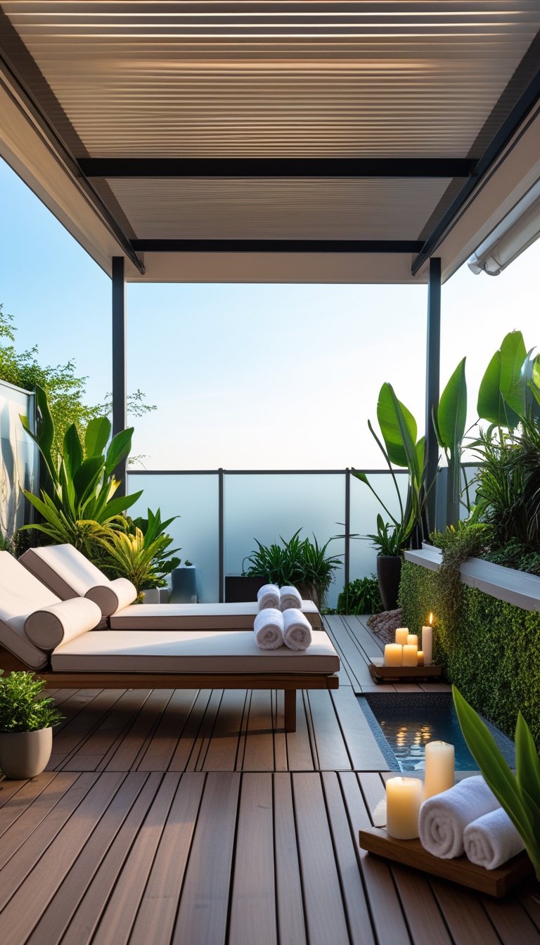 A spa deck with a partial roof extension, lounge chairs, plants, and a small water feature in an outdoor setting.