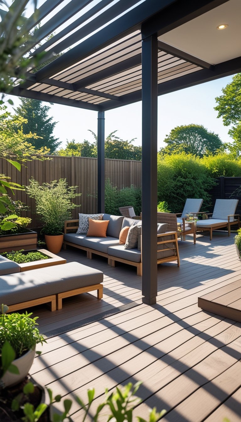 Outdoor wooden deck with a partially covered seating area under a pergola and an adjacent open space with lounge chairs surrounded by plants.