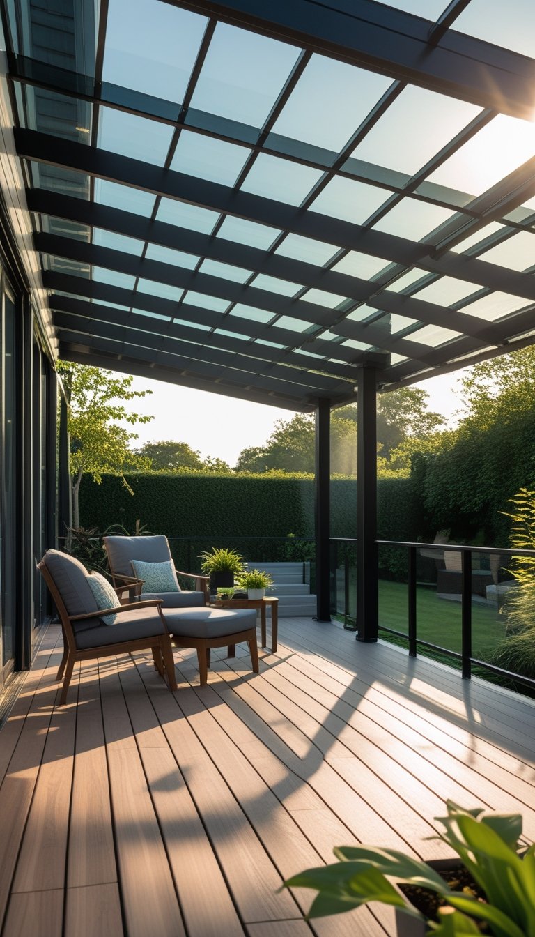 A wooden outdoor deck with glass roof panels providing partial weather protection, furnished with chairs and plants, surrounded by greenery.