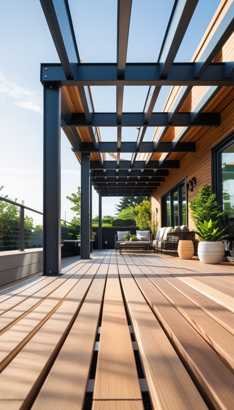 Outdoor deck with wooden and metal beams partially covering the seating area, surrounded by plants and outdoor furniture.