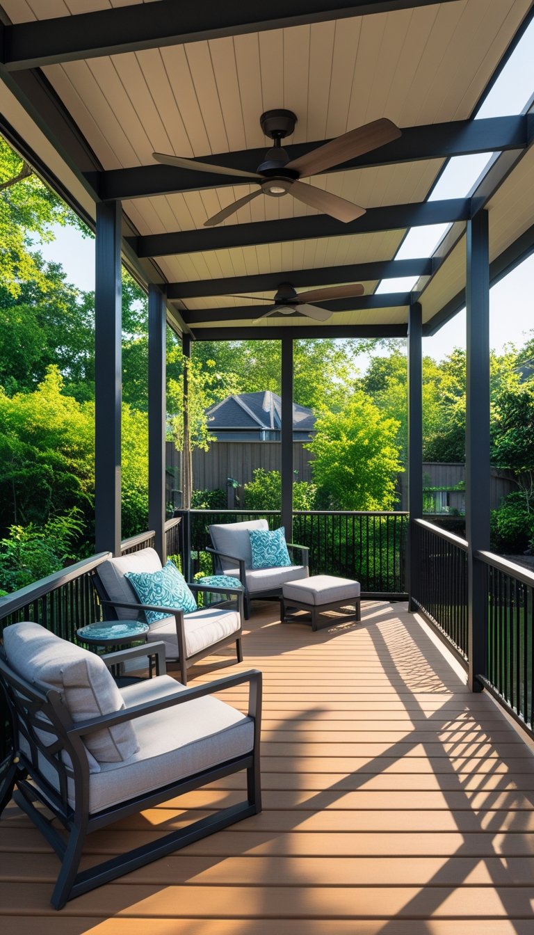 A partially covered outdoor deck with ceiling fans, comfortable seating, and greenery in the background.