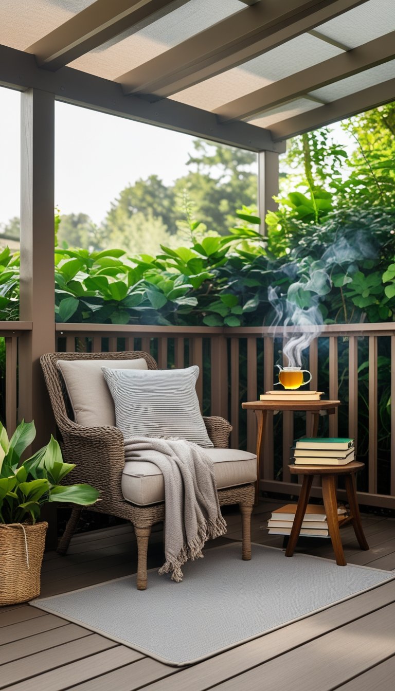 A cozy covered corner nook on a partially covered outdoor deck with a cushioned armchair, side table with tea and books, surrounded by plants.