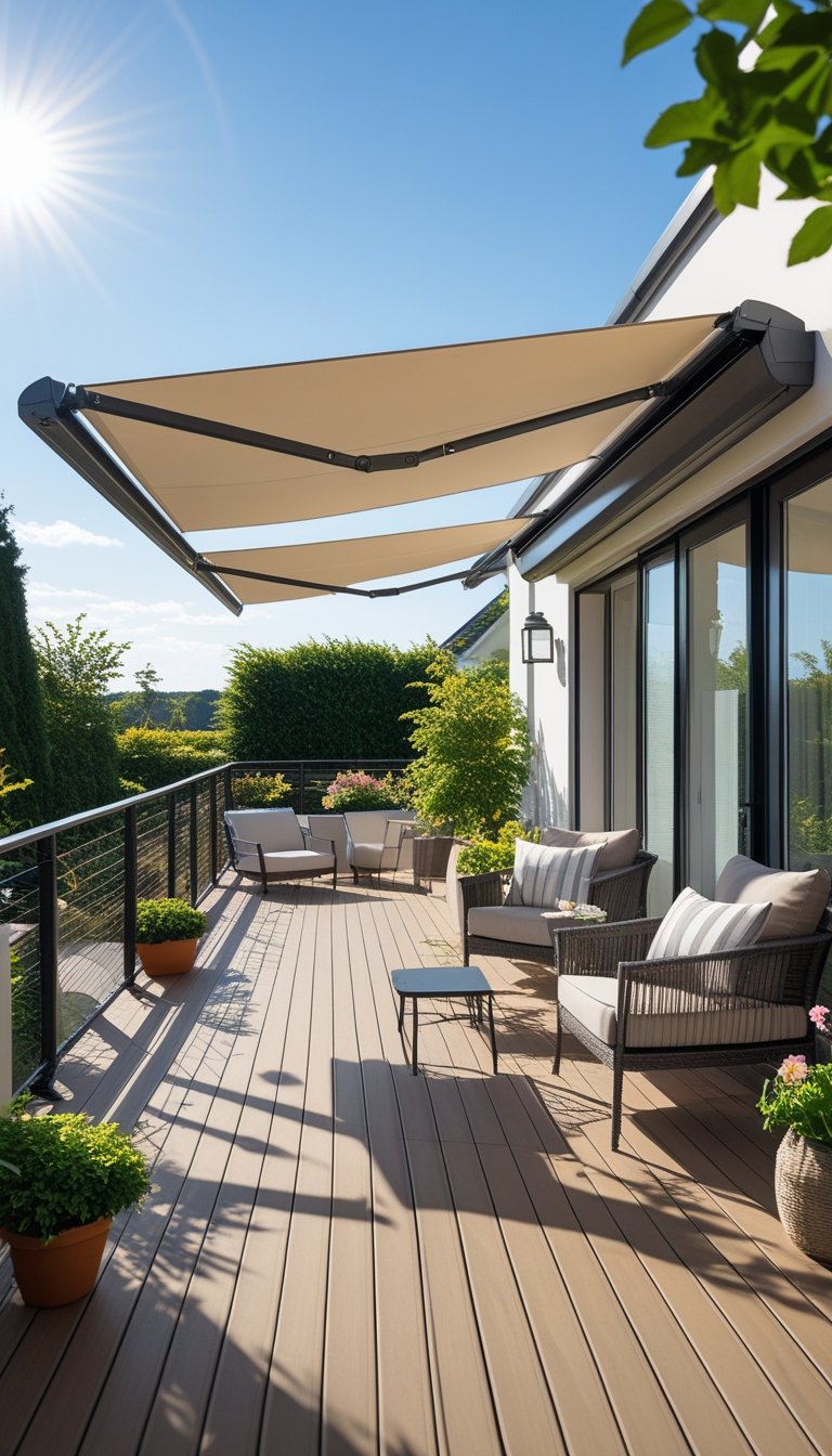 Outdoor deck with retractable awnings partially extended, comfortable seating, and plants under a sunny sky.
