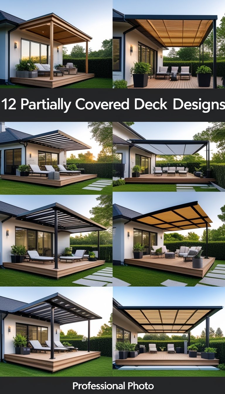 Multiple outdoor decks with various types of partial coverings and outdoor furniture in a sunny backyard setting.