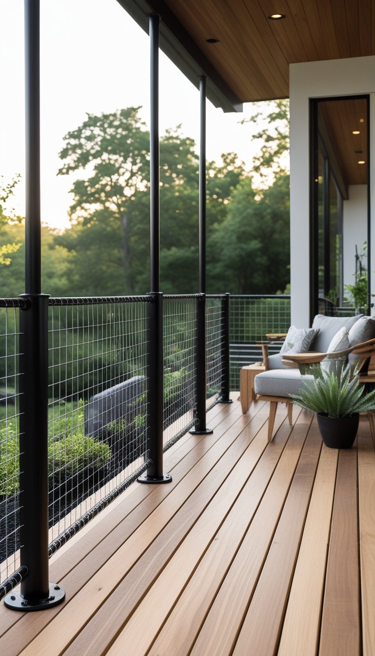 A wooden deck with black metal posts and hog wire mesh railing overlooking a green garden, featuring outdoor furniture and plants.