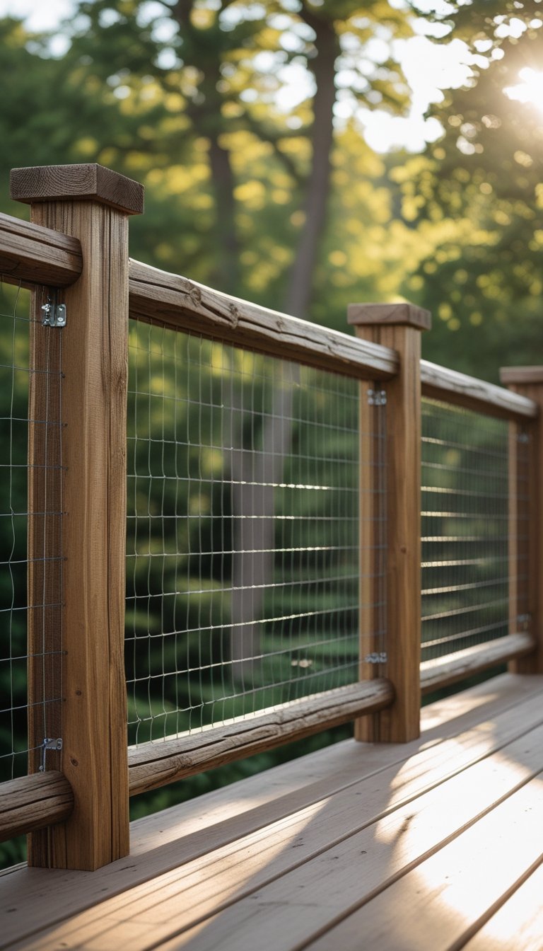 An outdoor deck railing made of wooden posts and horizontal wire panels with trees and greenery in the background.