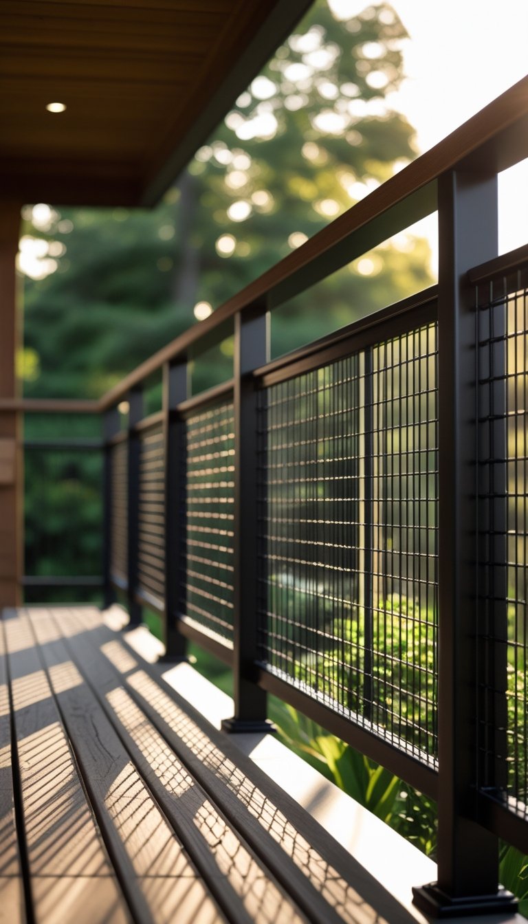Outdoor wooden deck with black metal frame hog wire railing overlooking a green garden.