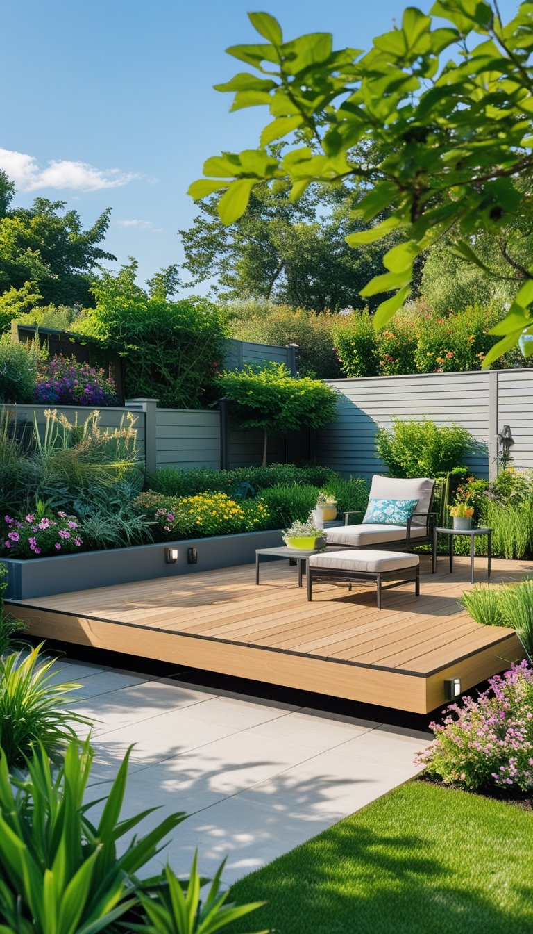 A backyard with a wooden floating deck surrounded by plants and outdoor furniture.